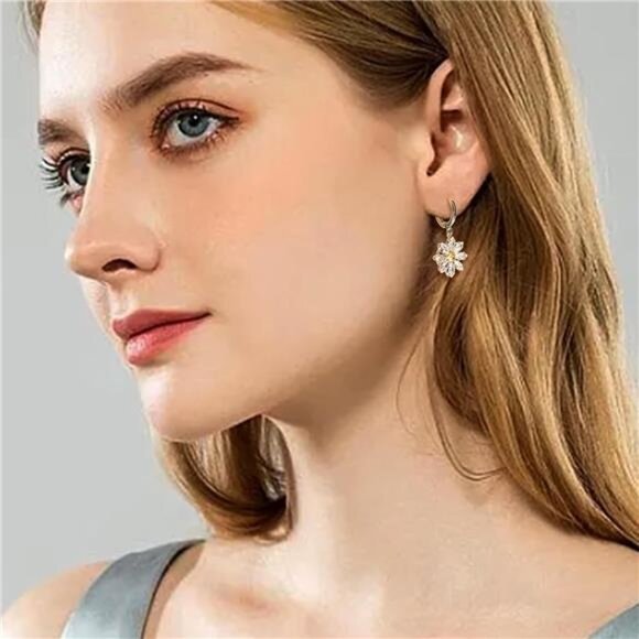 Daisy Flower Hoop Earrings | 14K Gold Plated CZ Dangle Hoops - Picture 2 of 6